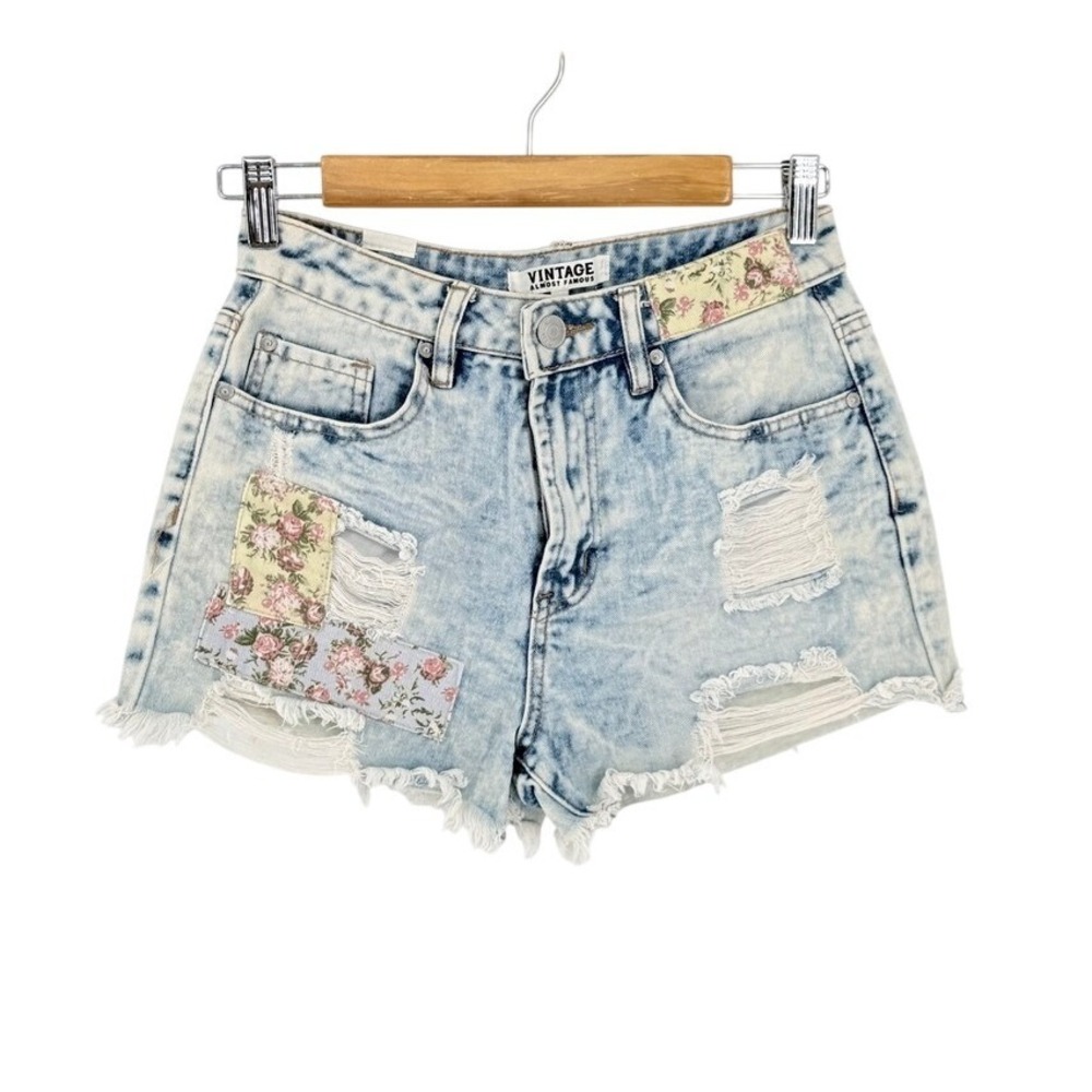 Floral Patchwork Denim Boho Shorts Dainty High Rise Fem Pastel Acid Wash 24 sz 0
